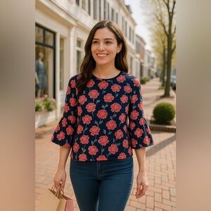 Banana Republic Floral Blouse Women XS Navy Red Romantic Bell Sleeve